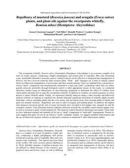 Repellency of Mustard (Brassica Juncea) and Arugula (Eruca Sativa) Plants, and Plant Oils Against the Sweetpotato Whitefly, Bemisia Tabaci (Hemiptera: Aleyrodidae)