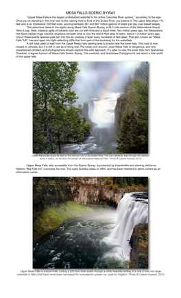 MESA FALLS SCENIC BYWAY “Upper Mesa Falls Is the Largest Undisturbed Waterfall in the Entire Columbia River System,