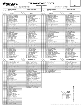 Theros Beyond Death Deck Checklist Table # Card Pool Verification Player Information