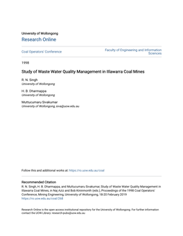 Study of Waste Water Quality Management in Iilawarra Coal Mines