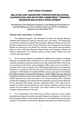 Malaysia and Singapore Strengthen Bilateral Cooperation and Reaffirm Commitment Towards Iskandar Malaysia’S Development