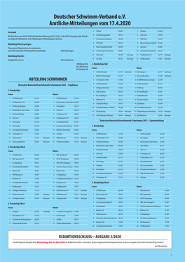 Deutscher Schwimm-Verband E.V. Amtliche Mitteilungen Vom 17.4.2020