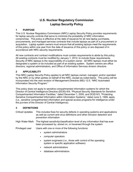 U.S. Nuclear Regulatory Commission Laptop Security Policy