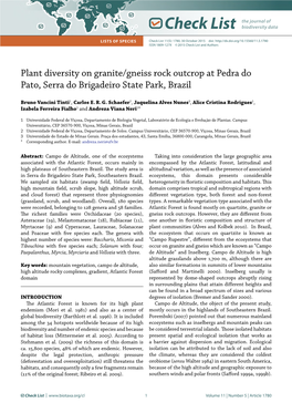 Plant Diversity on Granite/Gneiss Rock Outcrop at Pedra Do Pato, Serra Do Brigadeiro State Park, Brazil