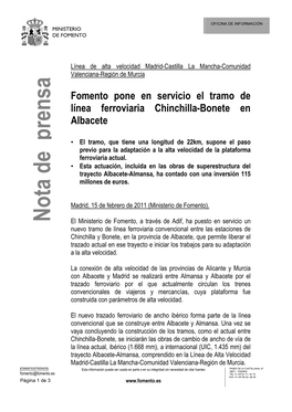 Fomento Pone En Servicio El Tramo De Línea Ferroviaria Chinchilla-Bonete En Albacete
