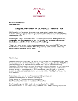 Antigua Announces Its 2020 LPGA Team on Tour