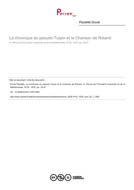 La Chronique Du Pseudo-Turpin Et La Chanson De Roland In: Revue De L'occident Musulman Et De La Méditerranée, N°25, 1978