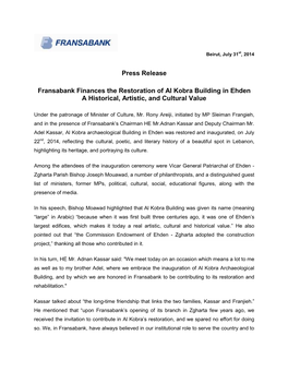 Press Release Fransabank Finances the Restoration of Al Kobra Building in Ehden a Historical, Artistic, and Cultural Value