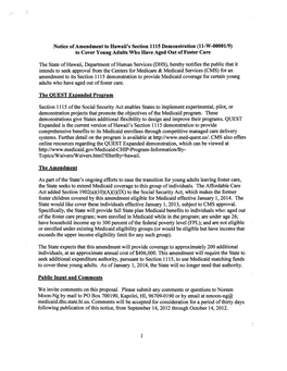 Notice of Amendment to Hawaii's Section 1115 Demonstration (11-W-0000119) to Cover Young Adults Who Have Aged out Offoster Care