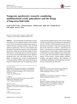 Temperate Agroforestry Research: Considering Multifunctional Woody Polycultures and the Design of Long-Term ﬁeld Trials