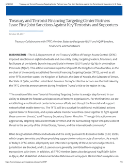 Treasury and Terrorist Financing Targeting Center Partners Issue First Joint Sanctions Against Key Terrorists and Supporters | U.S