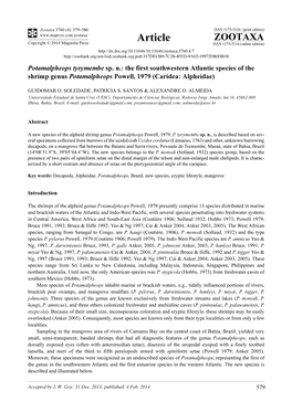 Potamalpheops Tyrymembe Sp. N.: the First Southwestern Atlantic Species of the Shrimp Genus Potamalpheops Powell, 1979 (Caridea: Alpheidae)