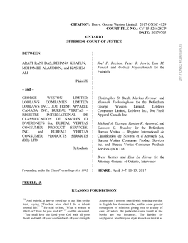 Das V. George Weston Limited, 2017 ONSC 4129 COURT FILE NO.: CV-15-526628CP DATE: 20170705 ONTARIO SUPERIOR COURT of JUSTICE