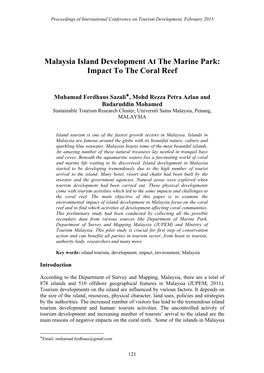 Malaysia Island Development at the Marine Park: Impact to the Coral Reef