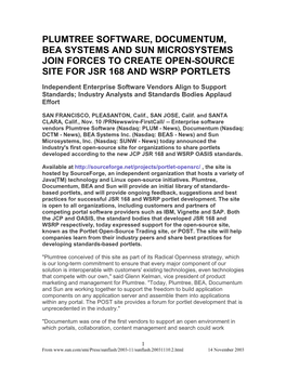 Plumtree Software, Documentum, Bea Systems and Sun Microsystems Join Forces to Create Open-Source Site for Jsr 168 and Wsrp Portlets