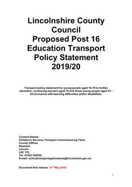 Lincolnshire County Council Proposed Post 16 Education Transport Policy Statement 2019/20