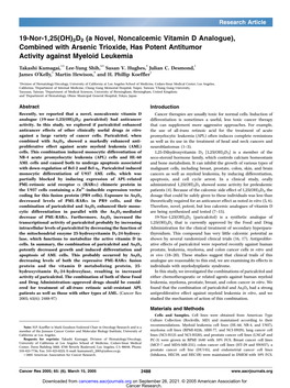 19-Nor-1,25(OH)2D2 (A Novel, Noncalcemic Vitamin D Analogue), Combined with Arsenic Trioxide, Has Potent Antitumor Activity Against Myeloid Leukemia