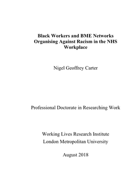 Black Workers and BME Networks Organising Against Racism in the NHS Workplace