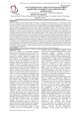 On Water Quality Aspects of Manchanabele Reservoir Catchment and Command Area (Karnataka) H