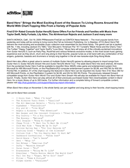 Band Hero™ Brings the Most Exciting Event of the Season to Living Rooms Around the World with Chart-Topping Hits from a Variety of Popular Acts