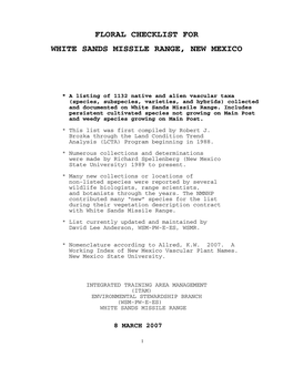 Floral Checklist for White Sands Missile Range, New