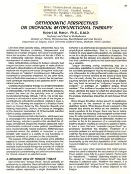 ORTHODONTIC PERSPECTIVES on OROFACIAL MYOFUNCTIONAL THERAPY Robert M