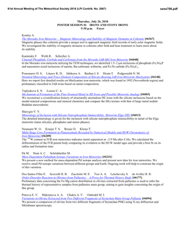 Thursday, July 26, 2018 POSTER SESSION II: IRONS and STONY IRONS 5:30 P.M