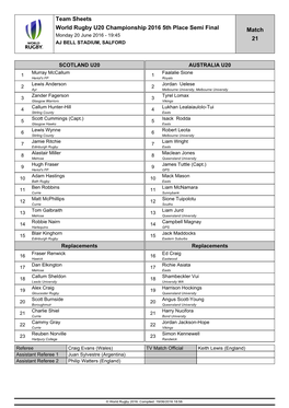 Team Sheets World Rugby U20 Championship 2016 5Th Place Semi Final Match Monday 20 June 2016 - 19:45 21 AJ BELL STADIUM, SALFORD