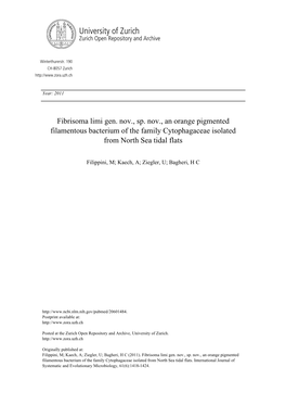 Fibrisoma Limi Gen. Nov., Sp. Nov., an Orange Pigmented Filamentous Bacterium of the Family Cytophagaceae Isolated from North Sea Tidal Flats