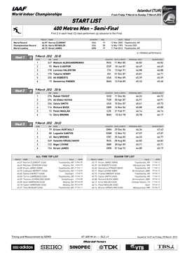 START LIST 400 Metres Men - Semi-Final First 2 in Each Heat (Q) Best Performers (Q) Advance to the Final