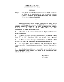 PARLIAMENT of INDIA NOTICE Subject