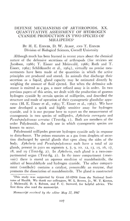 Defense Mechanisms of Arthropods. Xx. Quantitative Assessment of Hydrogen Cyanide Production in Two Species of Millipedes 1