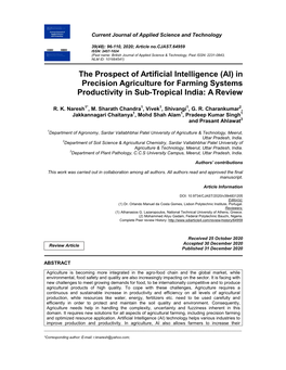 The Prospect of Artificial Intelligence (AI) in Precision Agriculture for Farming Systems Productivity in Sub-Tropical India: a Review