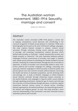 The Australian Woman Movement, 1880–1914: Sexuality, Marriage and Consent