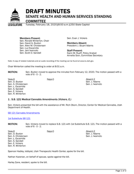 DRAFT MINUTES SENATE HEALTH and HUMAN SERVICES STANDING COMMITTEE Tuesday, February 18, 2020|8:00 A.M.|250 State Capitol