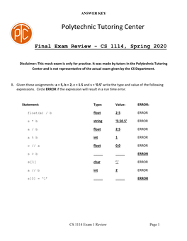 CS1114 Fall 2012 Mock Exam 1 AK.Docx