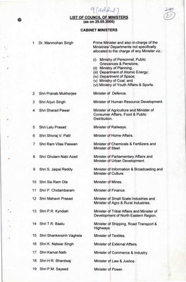 CA-4-Slud LIST of COUNCIL of MINISTERS (As on 25.05.2005)