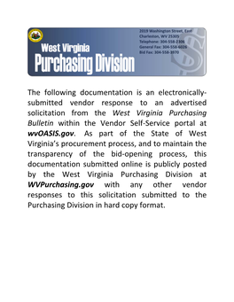 Submitted Vendor Response to an Advertised Solicitation from the West Virginia Purchasing Bulletin Within the Vendor Self‐Service Portal at Wvoasis.Gov