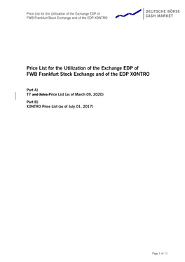 Price List for the Utilization of the Exchange EDP of FWB Frankfurt Stock Exchange and of the EDP XONTRO