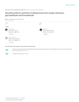 Plausible Prebiotic Synthesis of Aldopentoses from Simple Substrates, Glycolaldehyde and Formaldehyde