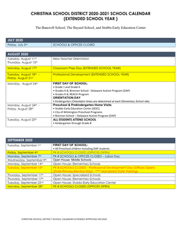 Christina School District 2020-2021 School Calendar (Extended School Year )