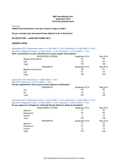 NBC News/Marist Poll September 2014 Kentucky Questionnaire