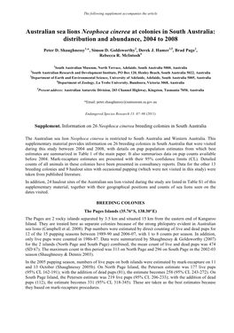 Australian Sea Lions Neophoca Cinerea at Colonies in South Australia: Distribution and Abundance, 2004 to 2008