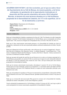 ACUERDO GOV/147/2011, De 8 De Noviembre, Por El Que Se Cede A