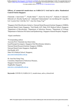 Efficacy of Commercial Mouth-Rinses on SARS-Cov-2 Viral Load in Saliva: Randomized Control Trial in Singapore