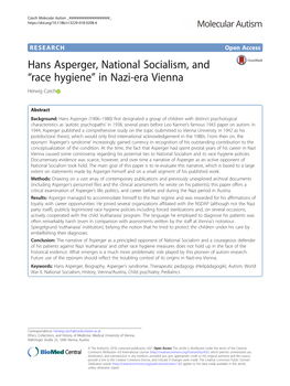 Hans Asperger, National Socialism, and “Race Hygiene” in Nazi-Era Vienna Herwig Czech