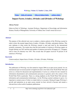 Impact Factor, H-Index, I10-Index and I20-Index of Webology