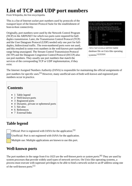 List of TCP and UDP Port Numbers from Wikipedia, the Free Encyclopedia