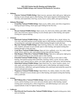 2021-2022 Station-Specific Hunting and Fishing Rule National Wildlife Refuges and National Fish Hatcheries Narratives