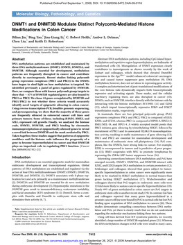 DNMT1 and DNMT3B Modulate Distinct Polycomb-Mediated Histone Modifications in Colon Cancer